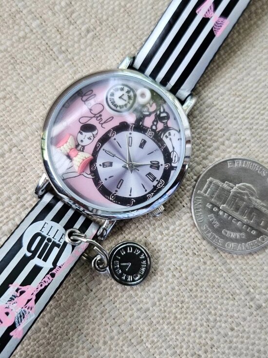 Elle Girl Wristwatch Black/White Stripe Strap Analog Quartz Watch in box